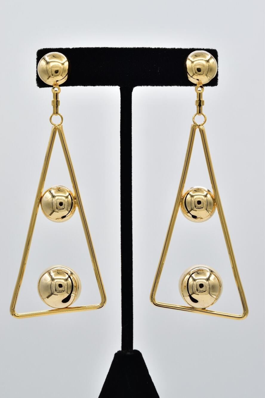 Vintage NOS Gold Tone Long Open Triangle Ball Geometric Dangle Earrings 80s NS10